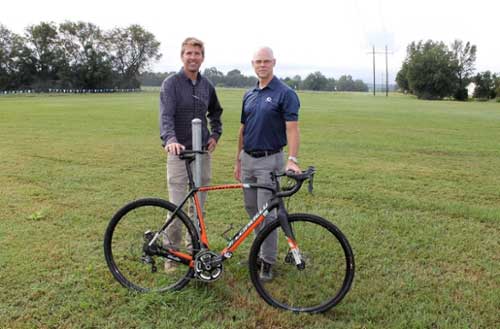L-R Trey Crisp of MGA and Tony Blansit of the Georgia Neurosurgical Cycling Team at the Georgia Premier cross country course, the site of the upcoming Middle Georgia State University Cyclocross.